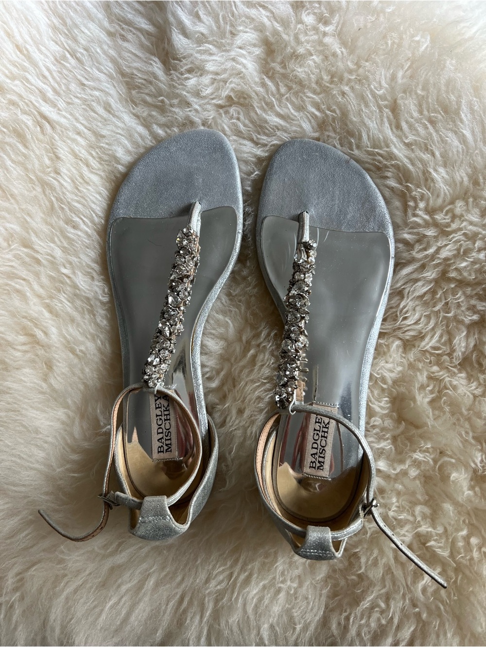Badgley Mischka Silver Crystal Jewelled T-Strap Sandals